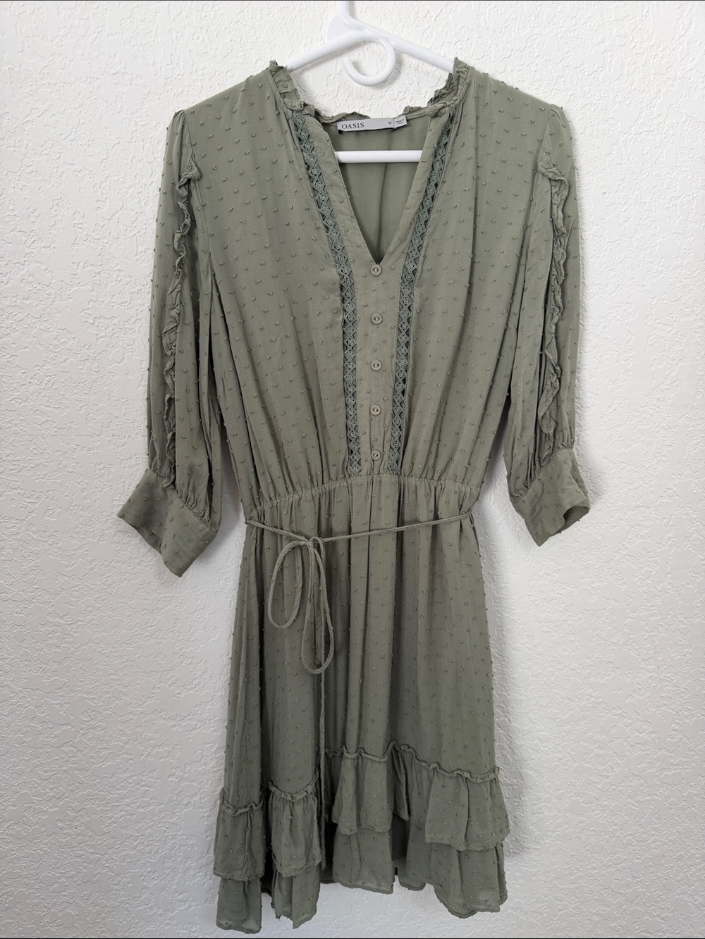 Oasis Sage Green Swiss Dot Midi Dress
